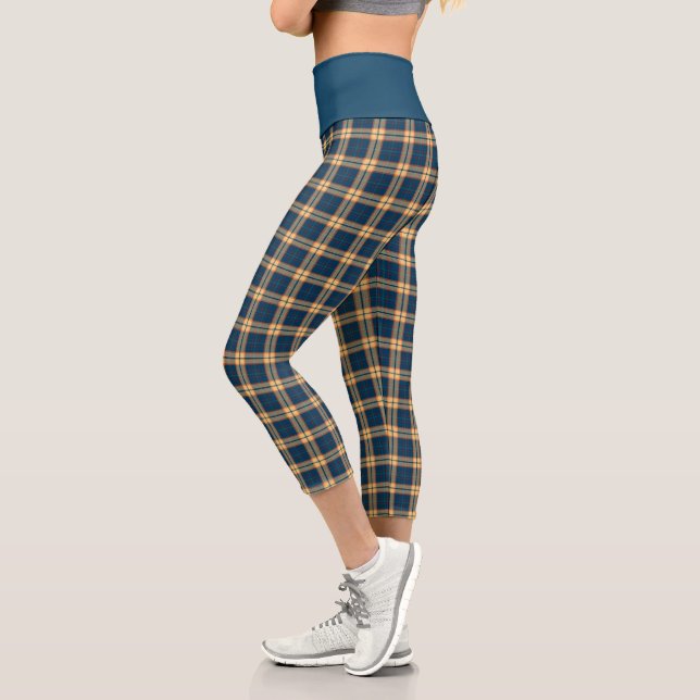 Navy Blue Yellow Madras Plaid Pattern Capri Leggings (Left)