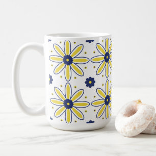 Navy Blue & Yellow Mediterranean Daisy Tile Coffee Mug