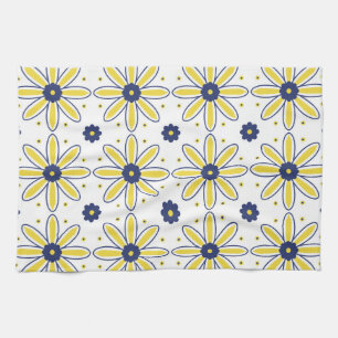 Navy Blue & Yellow Mediterranean Daisy Tile Tea Towel