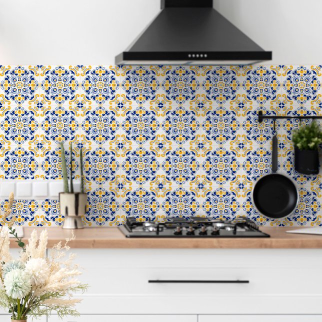 Navy Blue Yellow Mediterranean Pattern White Tile (Creator Uploaded)