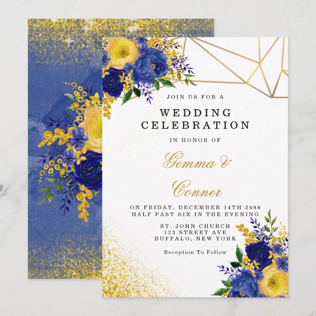 Navy blue Yellow Painted Floral Gold Wedding Invitation (Front/Back)
