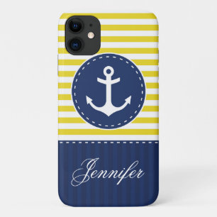 Navy Blue Yellow Pattern Anchor Customisable iPhone 11 Case