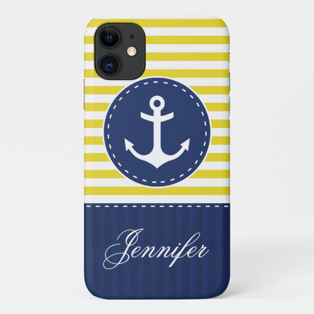 Navy Blue Yellow Pattern Anchor Customisable Case-Mate iPhone Case (Back)
