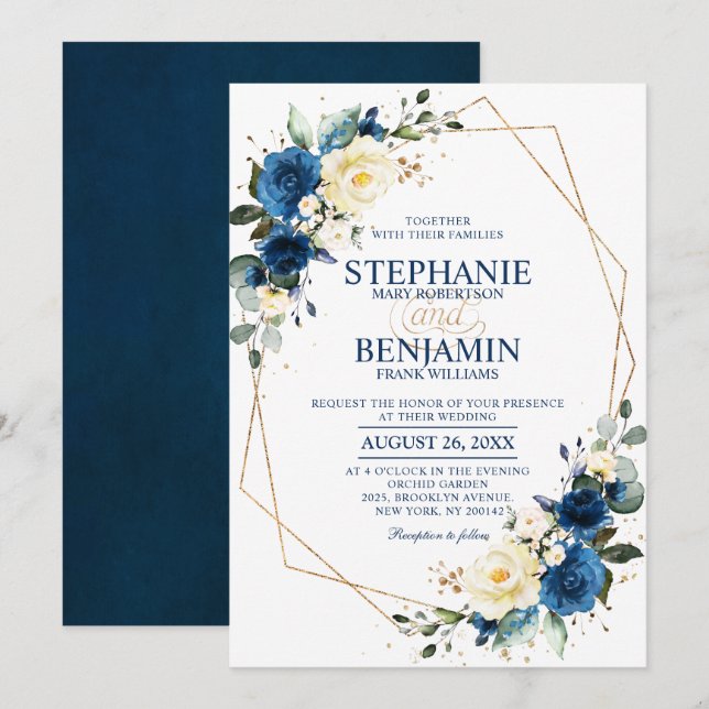 Navy Blue Yellow Rose Boho Geometric Wedding Invit Invitation (Front/Back)