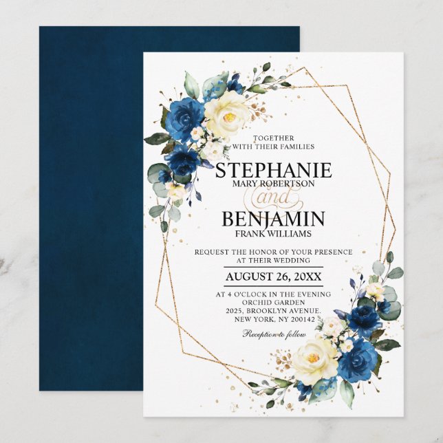 Navy Blue Yellow Rose Boho Geometric Wedding Invitation (Front/Back)