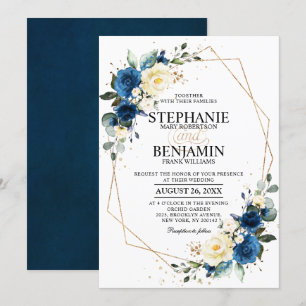 Navy Blue Yellow Rose Boho Geometric Wedding Invitation