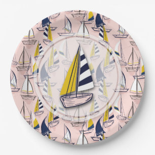 Navy Blue Yellow Sailboats Party Paper Plate