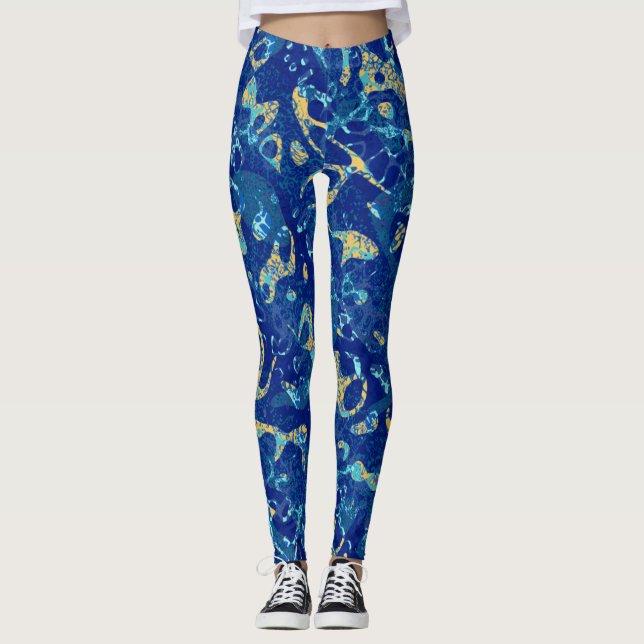 Navy Blue & Yellow Spotted Graphic Abstraction Leggings (Front)