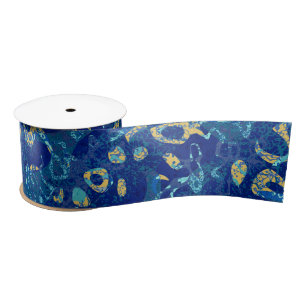 Navy Blue & Yellow Spotted Graphic Abstraction Satin Ribbon