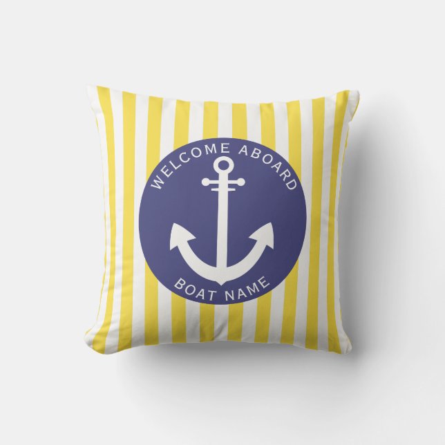 Navy Blue Yellow Stripe Boat Name Anchor Nautical  Cushion (Front)