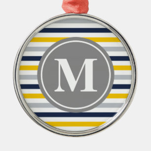 Navy Blue Yellow Striped Pattern Monogram Metal Tree Decoration
