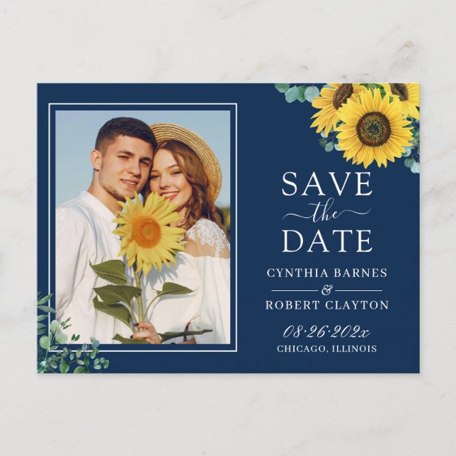 Navy Blue Yellow Sunflower Photo Save the Date Postcard (Front)