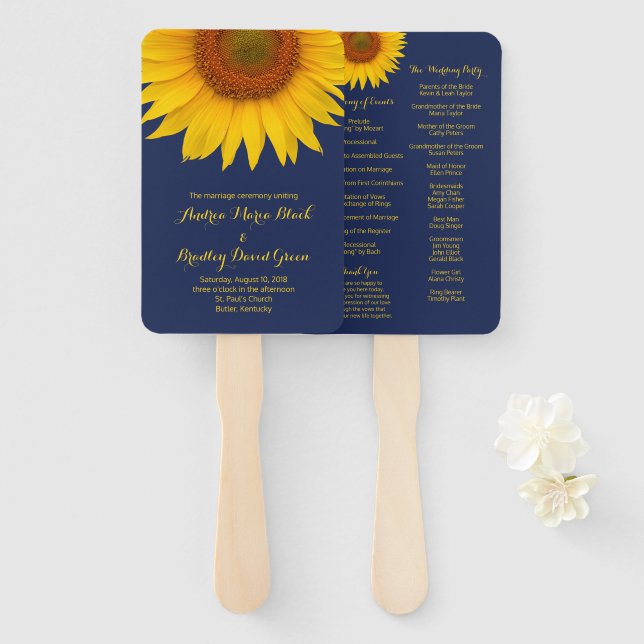 Navy Blue Yellow Sunflower Wedding Program Fan (Front and Back)