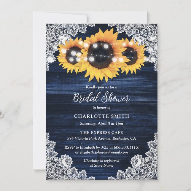 Navy Blue Yellow Sunflower Wood Lace Bridal Shower Invitation (Front)