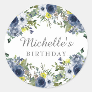 Navy Blue Yellow Watercolor Floral Birthday Classic Round Sticker