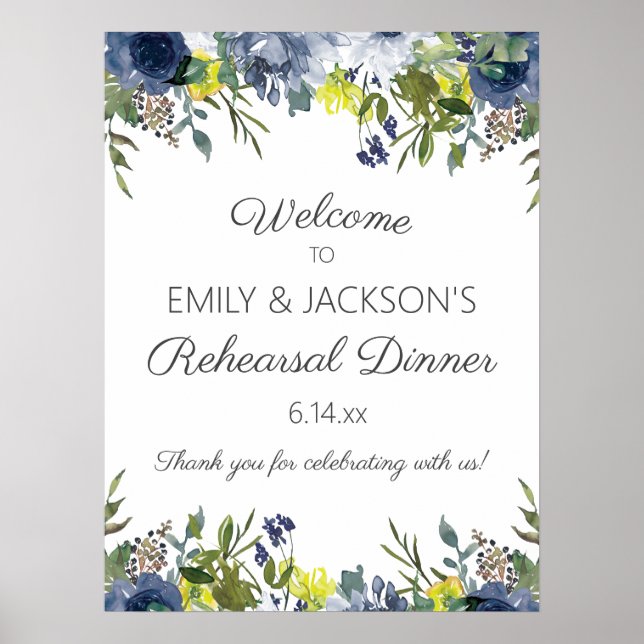 Navy Blue Yellow White Floral Rehearsal Welcome Poster (Front)