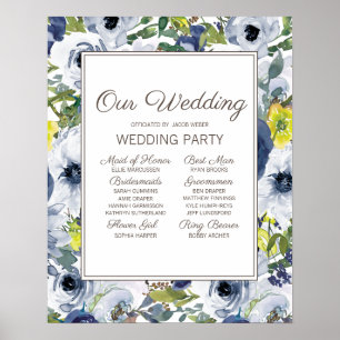 Navy Blue Yellow White Floral Wedding Party Poster