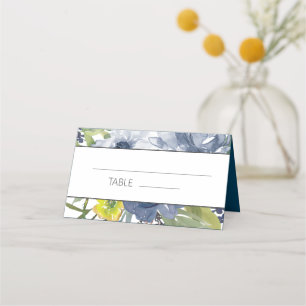 Navy Blue Yellow White Floral Wedding Place Card