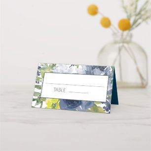 Navy Blue Yellow White Watercolor Floral Wedding Place Card