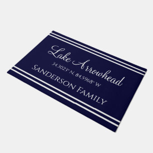 Navy Blue Your Lake Family Name Map Coordinates Doormat