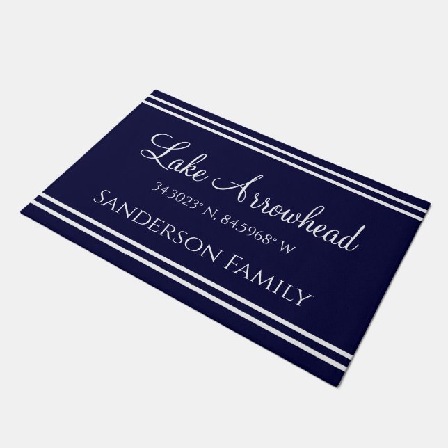 Navy Blue Your Lake Family Name  Map Coordinates Doormat (Angled)