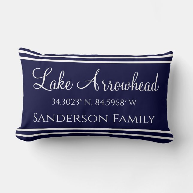 Navy Blue Your Lake Family Name  Map Coordinates Lumbar Cushion (Front)