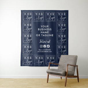 Navy Blue Your Logo & Social Media Backdrop Tapestry