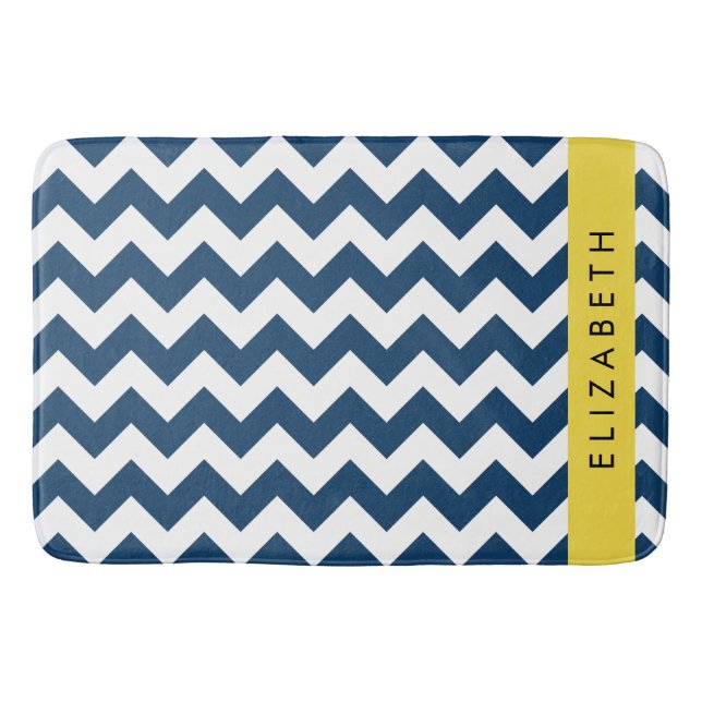 Navy Blue Zigzag, Navy Blue Chevron, Your Name Bath Mat (Front)