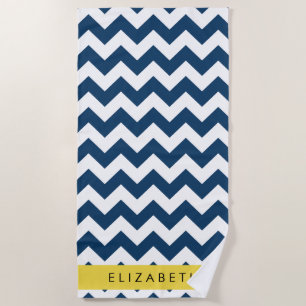Navy Blue Zigzag, Navy Blue Chevron, Your Name Beach Towel