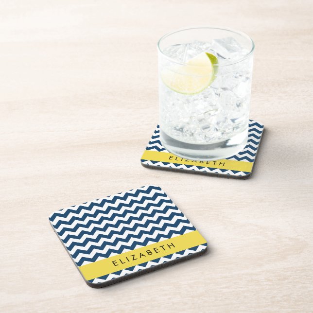 Navy Blue Zigzag, Navy Blue Chevron, Your Name Coaster (Right Side)