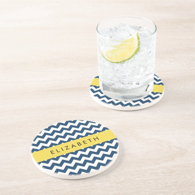 Navy Blue Zigzag, Navy Blue Chevron, Your Name Coaster (Side)