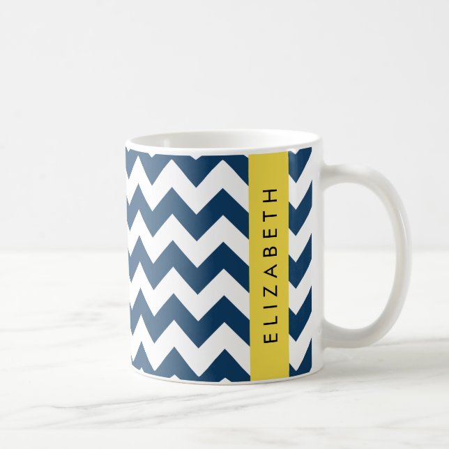 Navy Blue Zigzag, Navy Blue Chevron, Your Name Coffee Mug (Right)