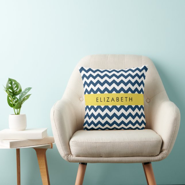 Navy Blue Zigzag, Navy Blue Chevron, Your Name Cushion (Chair)