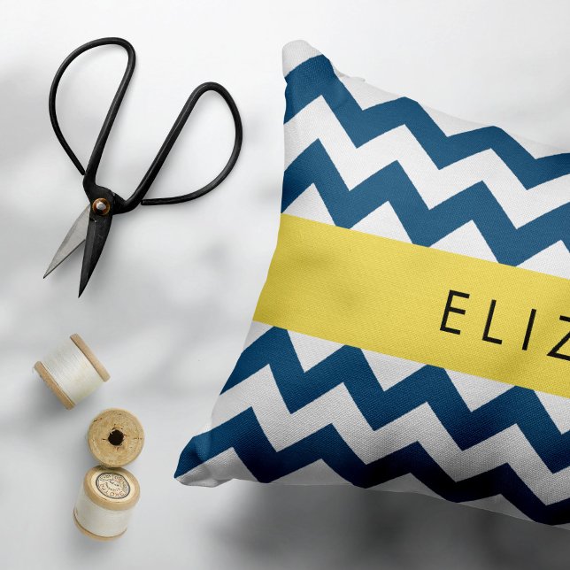 Navy Blue Zigzag, Navy Blue Chevron, Your Name Decorative Cushion (Creator Uploaded)