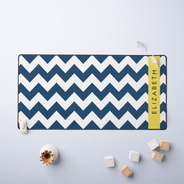 Navy Blue Zigzag, Navy Blue Chevron, Your Name Desk Mat (Kids Table)