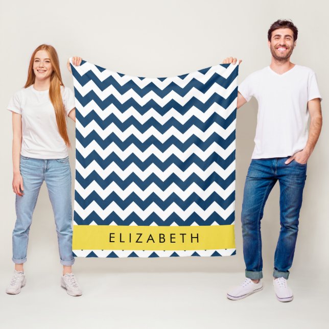 Navy Blue Zigzag, Navy Blue Chevron, Your Name Fleece Blanket (In Situ)