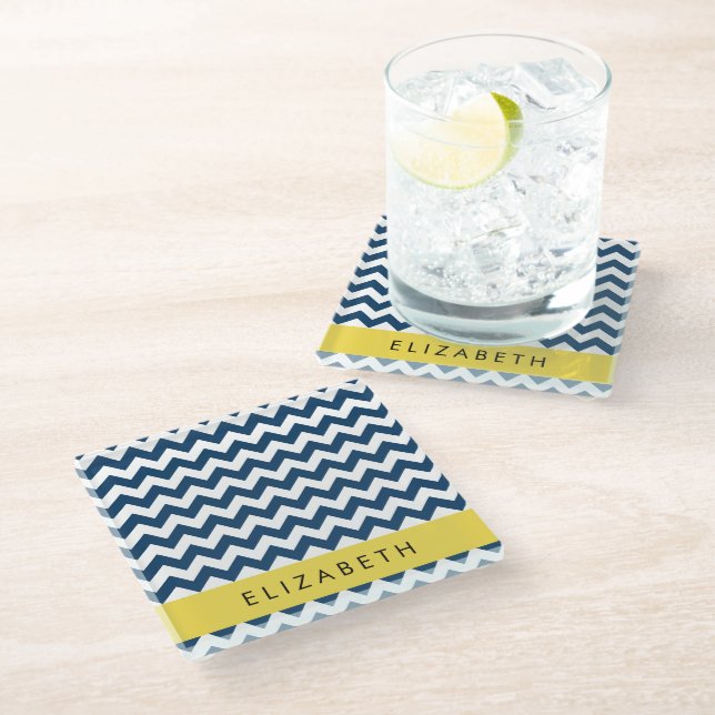 Navy Blue Zigzag, Navy Blue Chevron, Your Name Glass Coaster (Angled)
