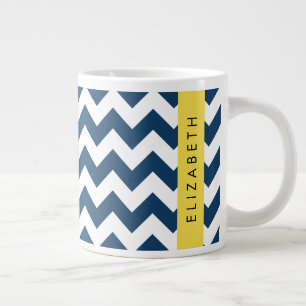 Navy Blue Zigzag, Navy Blue Chevron, Your Name Large Coffee Mug