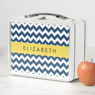Navy Blue Zigzag, Navy Blue Chevron, Your Name Metal Lunch Box