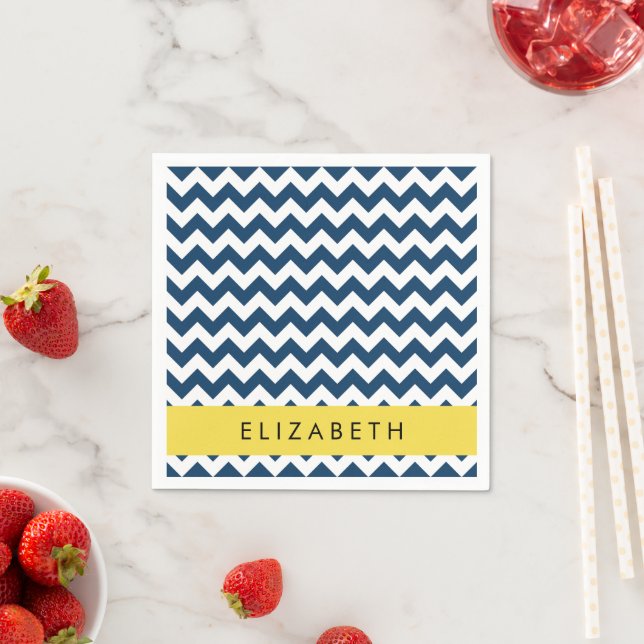 Navy Blue Zigzag, Navy Blue Chevron, Your Name Napkin (Insitu)