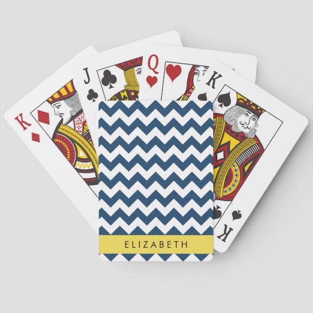 Navy Blue Zigzag, Navy Blue Chevron, Your Name Playing Cards (Back)