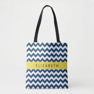 Navy Blue Zigzag, Navy Blue Chevron, Your Name Tote Bag