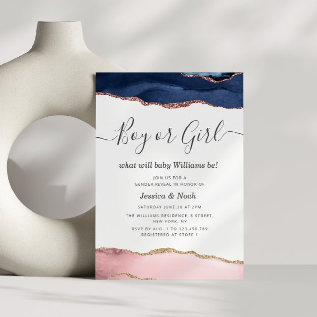 navy blush agate baby gender reveal invitation (Creator Uploaded)