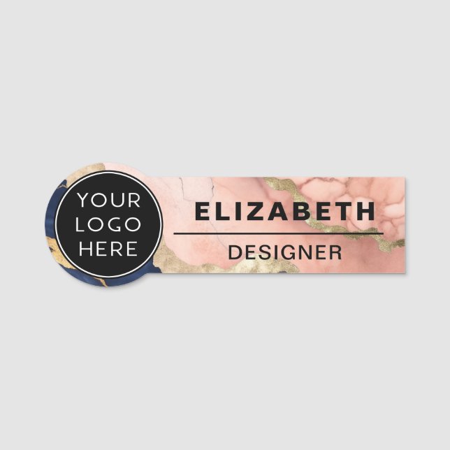Navy Blush Agate Company Logo Employee Name Tag (Front)