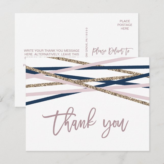 Navy Blush and Gold Streamers Thank You Postcard (Front/Back)