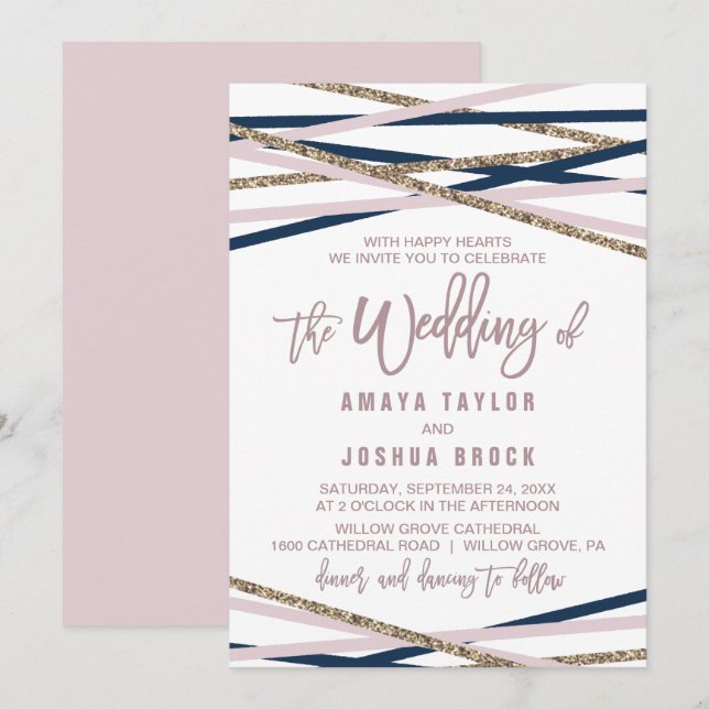 Navy Blush and Gold Streamers The Wedding Of Invitation (Front/Back)