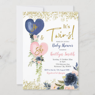 Navy & Blush Balloon Twins Baby Shower Invitation