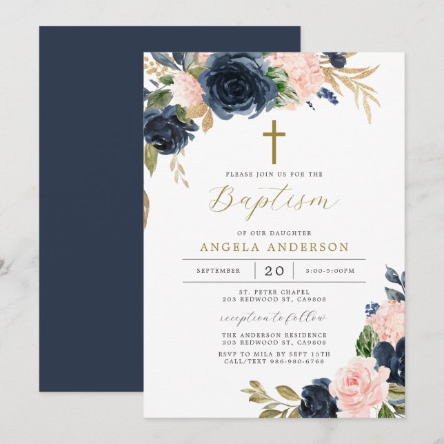 Navy Blush Baptism/Christening Invitation (Front/Back)