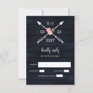 Navy Blush Barn wood country chic wedding RSVP Card