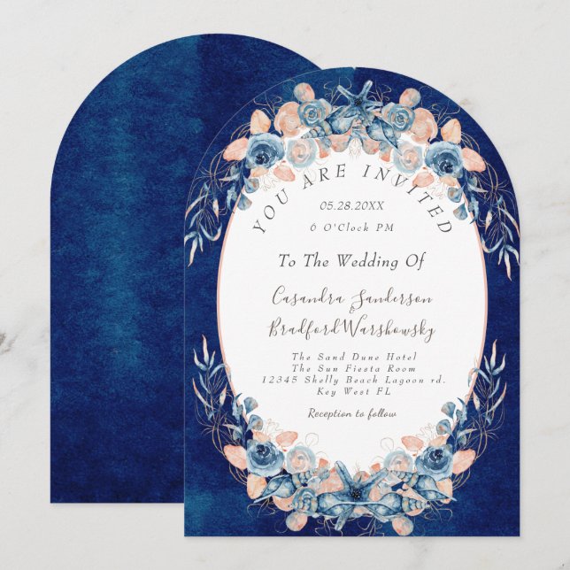 Navy Blush  Beach Watercolor Shell Flower Wedding Invitation (Front/Back)